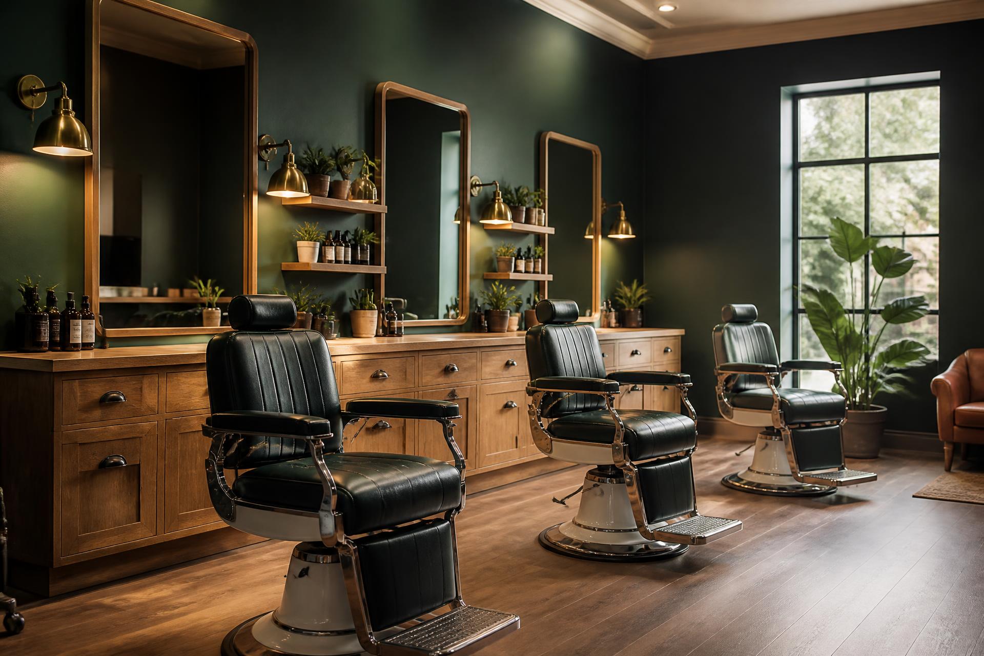 Ambiente interno da Wellington Delone Barbearia, com cadeiras de barbeiro, espelhos e madeira natural